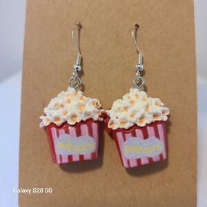 Popcorn Bucket Dangle Earrings, Cute Food Novelty Fun Movie Theatre Jewelry NWOT